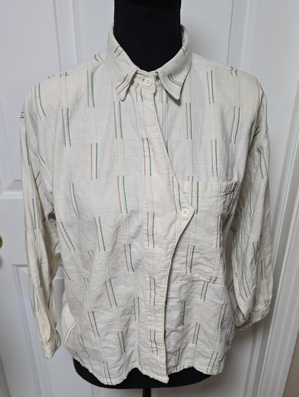 Vintage Angelique Cream Button-Up Shirt with Green Stripe Detail Size M